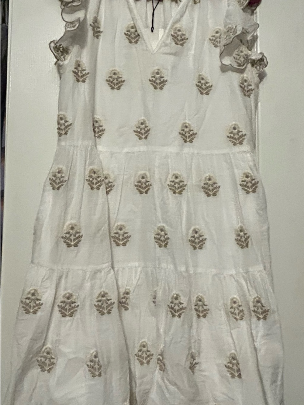 a loves a White Tiered Dress with Beige Embroidery. Small. NWT.